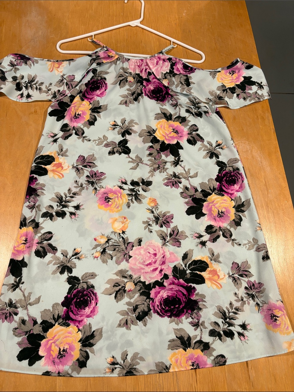 Soprano ~ Aqua Floral Ruffle Off-Shoulders Dress Purple Pink and Peach Roses